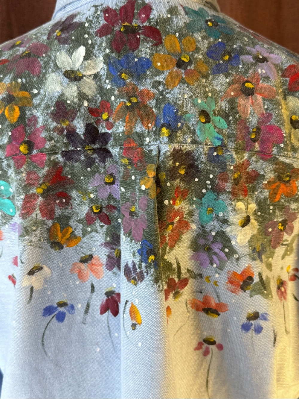 Vintage Hand Painted Floral Button-Up Light Blue Shirt size 12 (Large) - Picture 7 of 8